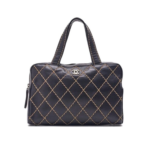 Authentic CHANEL CC Wild Stitch Vintage Quilted Bowler Hand Bag Tote Lambskin - Picture 1 of 15